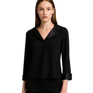 Valentine USA Black Satin Collar Blouse Long Sleeve Size L .